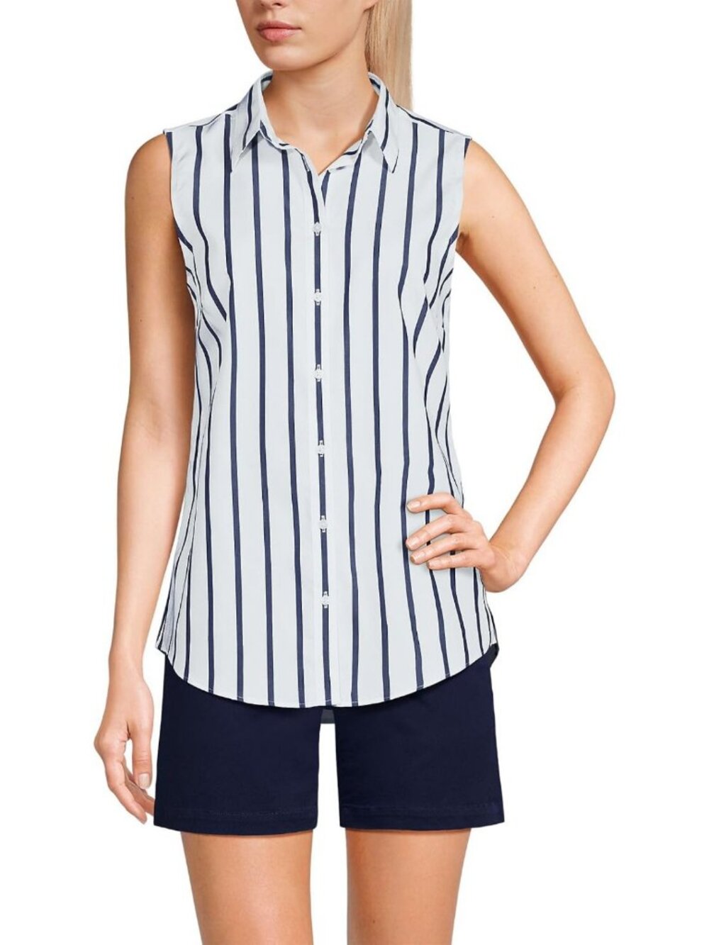 Wrinkle-Free No Iron Sleeveless Shirt - Classic White/Navy Stripe, XL